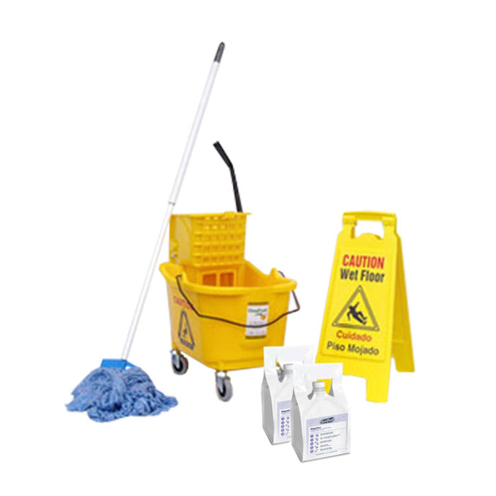Mop Bucket & Wringer Package with Mops & Wet Floor Sign